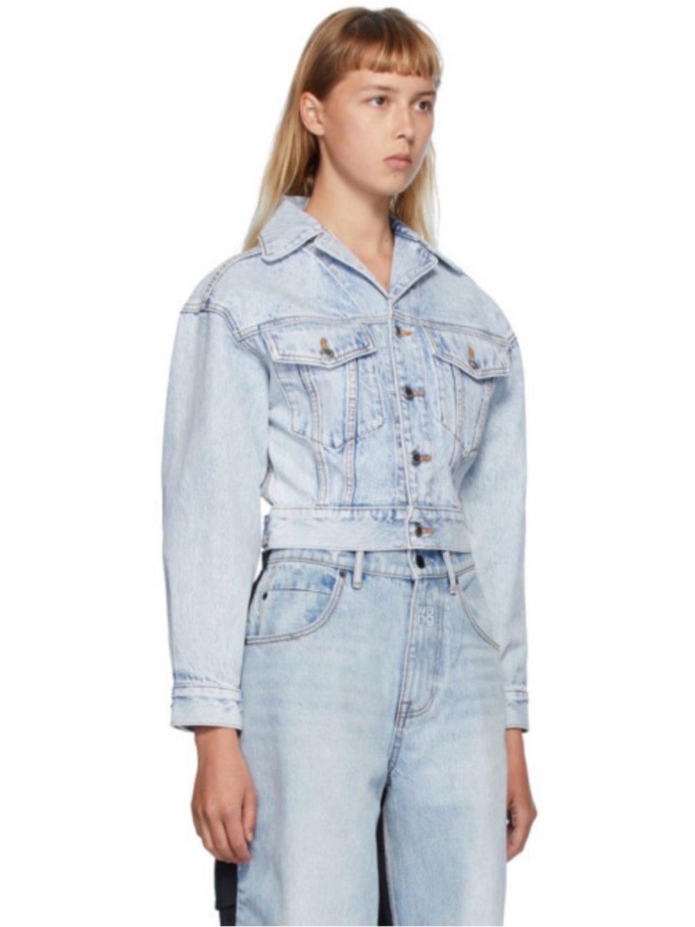🩵Alexander Wang Shrunken Lapel Collared Trucker Bleached Denim Jacket Size XS